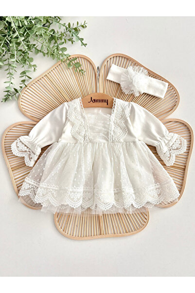 Jammybaby Carmen Elbise %100 Pamuk Penye Tül Dantelli Yenidoğan Kız Bebek Mevlüt ve Özel Gün Bandanalı Takım