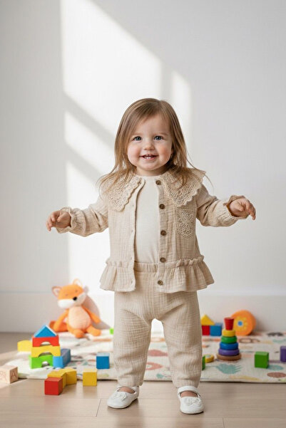 MİNİBORN Girl's Long Sleeve Natural Linen Big Baby Collar Jacket with Pocket ...
