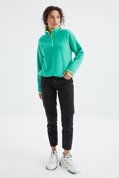 TOMMY LIFE Mořská zelená dámská fleecová mikina s polovičním zipem a vysokým límcem - 97234