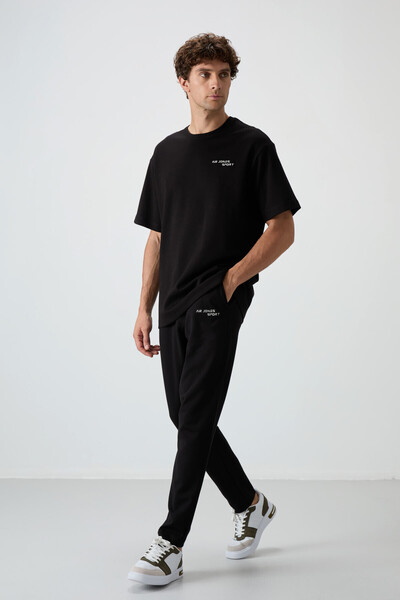 AIR JONES Black Cotton Thick Soft Textured Oversize Fit Embroidered Men's Tracksuit Set - 85252