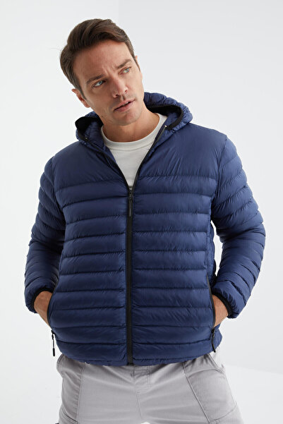 TOMMY LIFE Cold Resistant Navy Blue Men's Puffer Jacket - Zippered, Standard Fit - 88167