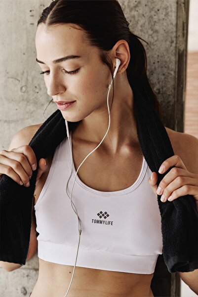 TOMMY LIFE White Cross Back Detailed Slim Fit Women's Sports Bustier with U-Neck Pads - 97121