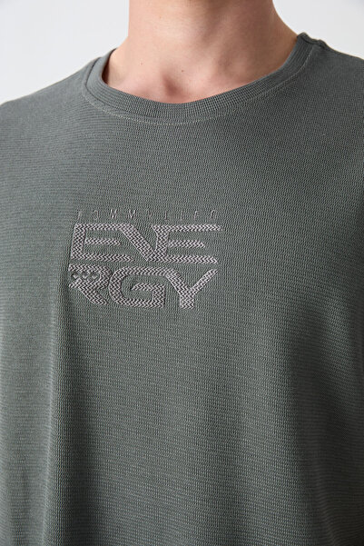 TOMMY LIFE Khaki Cotton Thick Surface Textured Oversize Fit Printed Men's T-Shirt - 88336