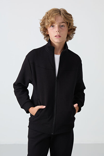TOMMY LIFE Boy's Tracksuit Set - Black Cotton, Thick Fur Inside, Soft Textured Embroidery - 11240