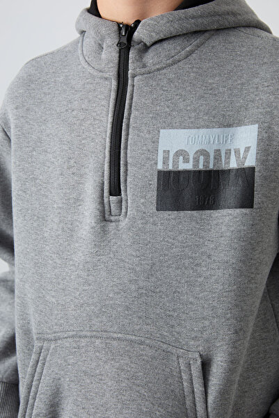 TOMMY LIFE Γκρι μελανζέ βαμβακερό χοντρό ύφασμα με χνούδι στο εσωτερικό, Standard Fit, εμπριμέ αγορίστικο κοστούμι - 11246