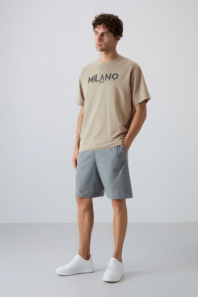 TOMMY LIFE Μπεζ ανδρικό μπλουζάκι με στάμπα μεγάλου μεγέθους - Χοντρό μαλακό βαμβάκι, 88345