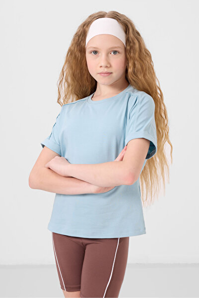 TOMMY LIFE Açık Mavi Pamuklu O Yaka Oversize Fit Basic Kız Çocuk T-Shirt - 75182