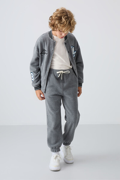 TOMMY LIFE Gri Melanj Kalın Yumuşak Dokulu Standart Fit Nakışlı Polar Erkek Ç...