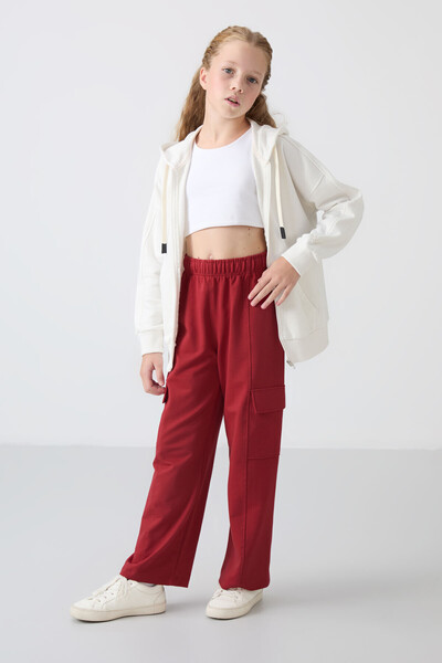 TOMMY LIFE Koyu Kırmızı Kargo Cepli Ön Dikiş Detaylı Geniş Paça Kız Çocuk Eşo...