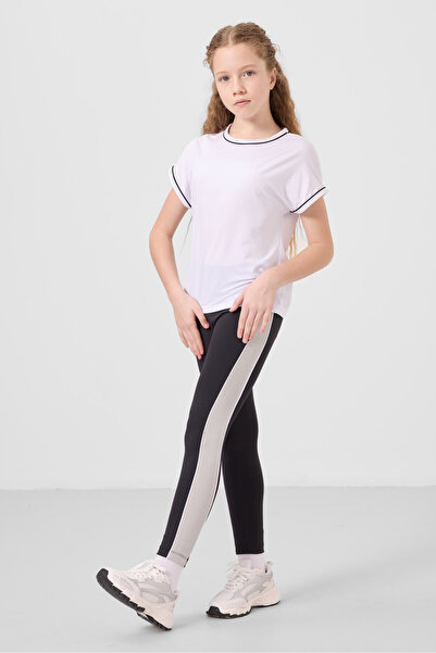 TOMMY LIFE White-Black O Neck Side Stripe Detailed Standard Fit Performance Girl's Tights Suit - 75191