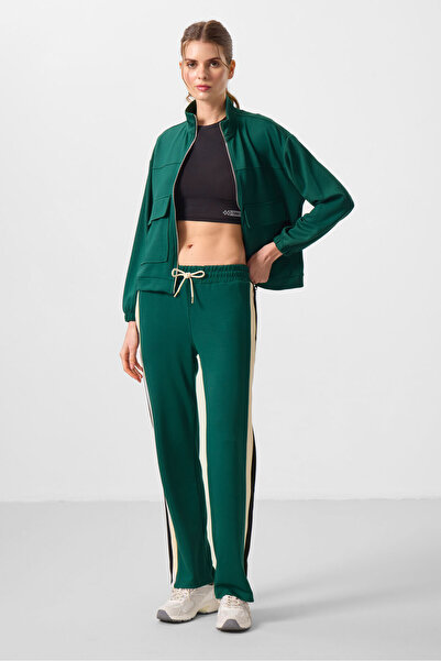 TOMMY LIFE Yeşil Yumuşak Dokulu Yan Panel Detaylı Geniş Paça Kadın Palazzo Pantolon - 94671