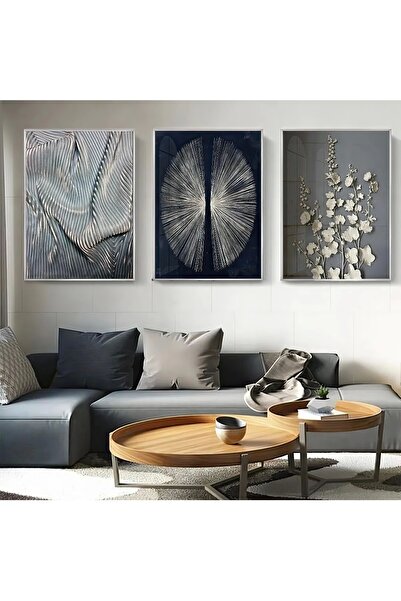 KOLAJTASARIM Lacivert ve Gri Detaylı Gümüş Çerçeveli Üçlü Metal Çerçeveli Tab...