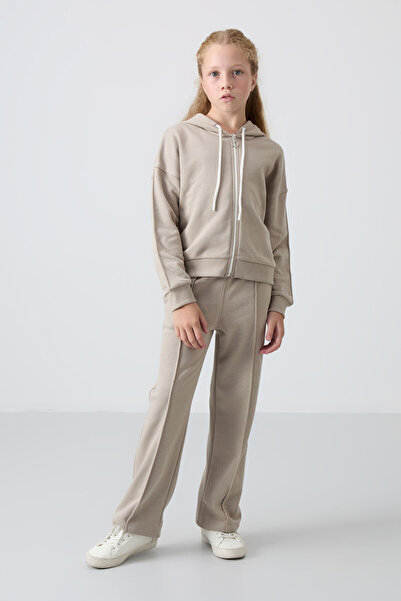 TOMMY LIFE Lányok hímzett tréningruha szett - sötét bézs, pamut, szőrös belső, puha textúra - 75161