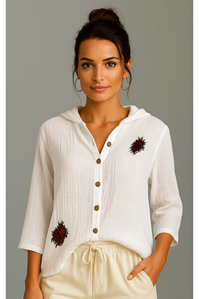 Metta's Shop Beyaz Kapüşonlu Gömlek