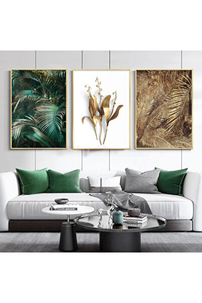 KOLAJTASARIM Tropik Yapraklar Ve Altın Dokunuşlar Metal Çerçeveli Tablo Seti