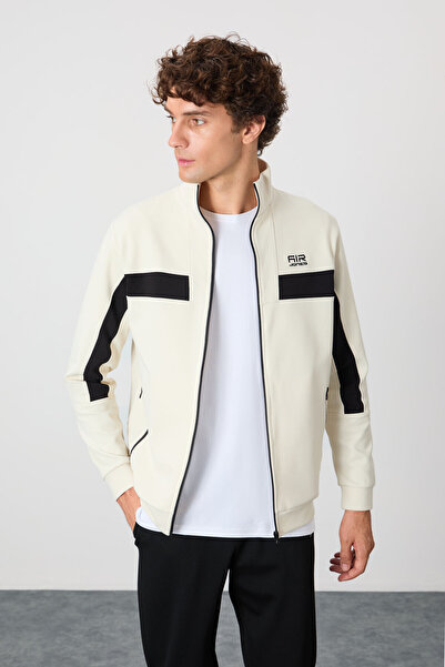 AIR JONES Beige-Black Textured Surface Standard Fit Embroidered Men's Tracksuit Suit - 85248