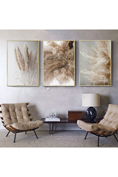 KOLAJTASARIM Yumuşak Dokunuşlar: Bej Ve Krem Botanik Zarafeti Metal Çerçeveli Tablo Takımı