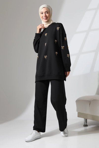 Mihran Butik Women's Black Seasonal Combed Cotton Bottom Top Sports and Comfortable Hijab Suit