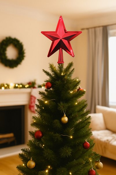 DODOMAR Christmas Tree Topper (16 cm) - Red Color Embossed Star Luxury Pine Tree Decoration