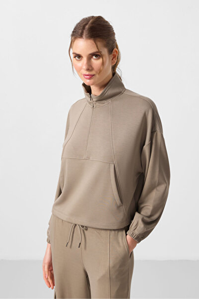 TOMMY LIFE Σκούρο μπεζ μαλακό γιακά με χτένισμα με κρυφό φερμουάρ Oversize γυναικεία αθλητική φόρμα