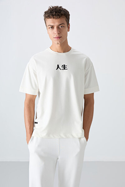 TOMMY LIFE Ecru Cotton Thick Soft Textured Oversize Fit Printed Men's T-Shirt - 88342