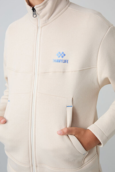 TOMMY LIFE Hanorac brodat pentru băieți - bej, bumbac, groasă în interior, textura moale - 11245