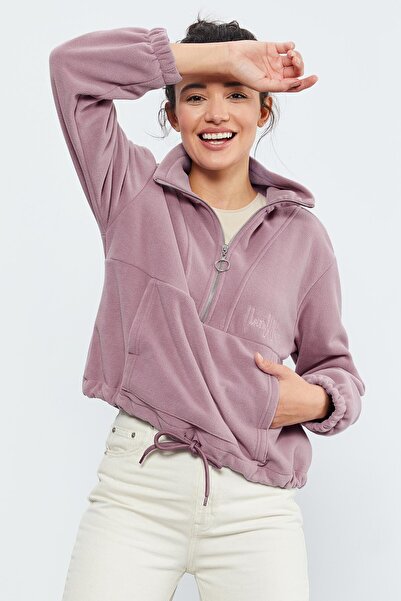 TOMMY LIFE Hanorac oversize din fleece pentru femei Dusty Rose, cu jumătate de fermoar, tiv adunat - 97171