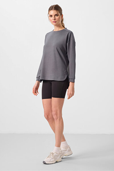 TOMMY LIFE Dark Gray Soft Textured O Neck Comfortable Form Women's Tunic Sweatshirt - 97305