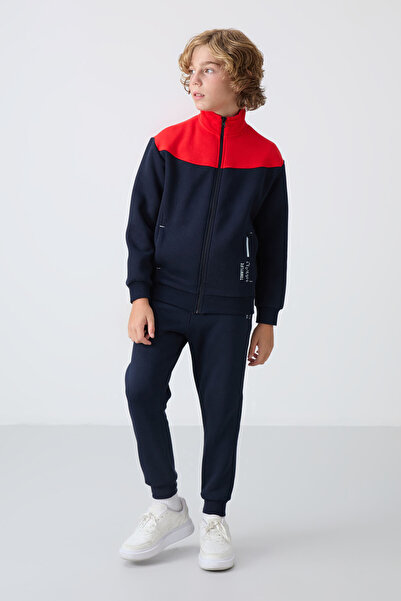 TOMMY LIFE Σετ αθλητικής φόρμας για αγόρια με κέντημα σε μπλε ναυτικό βαμβακερό χοντρό ύφασμα με χοντρή επένδυση - 11240