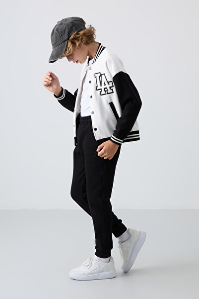 TOMMY LIFE Ecru Cotton Thick Fleece Lined Soft Textured Standard Fit Embroidered Boys' College Jacket - 11258