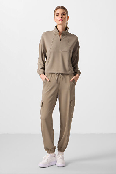 TOMMY LIFE Σκούρο μπεζ μαλακό γιακά με χτένισμα με κρυφό φερμουάρ Oversize γυναικεία αθλητική φόρμα