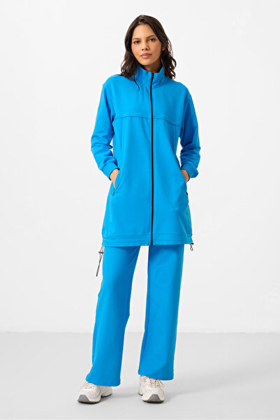 TOMMY LIFE Blue Stand Collar Zippered Cotton Women's Tracksuit Tunic Suit - 95346