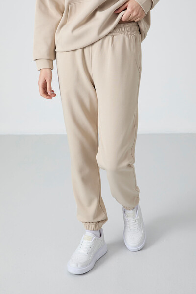 TOMMY LIFE Γυναικεία αθλητική φόρμα μπεζ με κουκούλα Kangaroo Pocket Oversize Rubber Leg - 95288
