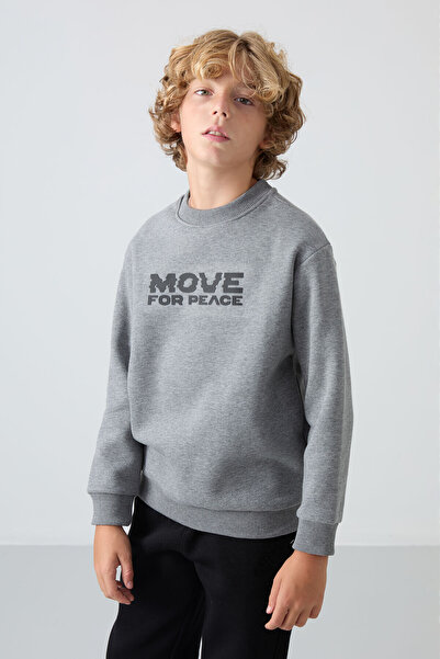 TOMMY LIFE Gri Melanj Pamuklu Kalın İçi Tüylü Standart Fit Baskılı Erkek Çocu...