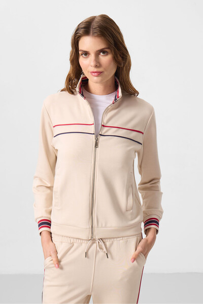 TOMMY LIFE Bézs puha textúrájú kötöttáru, állógalléros, túlméretezett női tréningruha szett - 95350