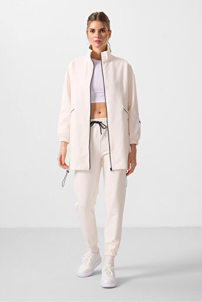 TOMMY LIFE Ecru Stand Collar Zippered Comfortable Form Women's Tracksuit Tunic Set - 95345