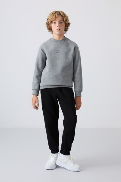 TOMMY LIFE Gray Melange Cotton Thick Fleece Lined Standard Fit Embroidered Boys' Sweatshirt - 11232
