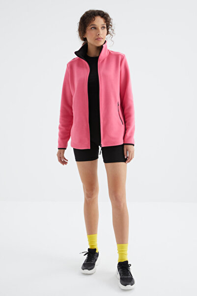 TOMMY LIFE Fuchsia High Collar Zippered Comfortable Form Women's Fleece Sweatshirt - 97173