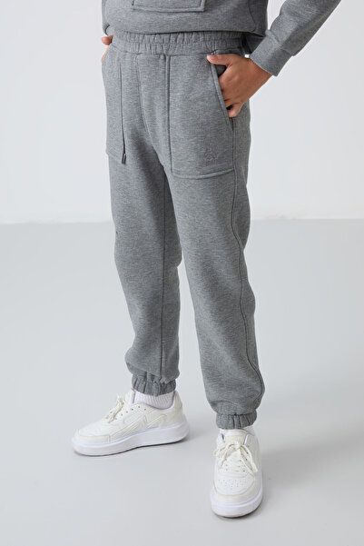 TOMMY LIFE Gray Melange Cotton Thick Fleece Lined Standard Fit Printed Boys' Tracksuit Set - 11257