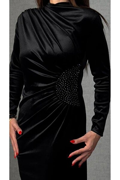 Lady Moss Rochie maxi din catifea pentru femei, cu guler cu șnur și detaliu b...