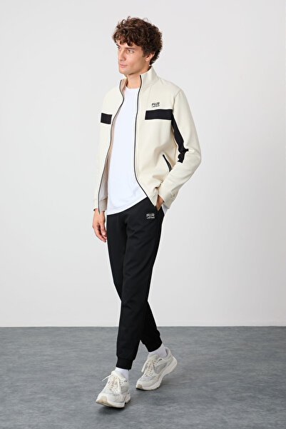 AIR JONES Beige-Black Textured Surface Standard Fit Embroidered Men's Tracksuit Suit - 85248