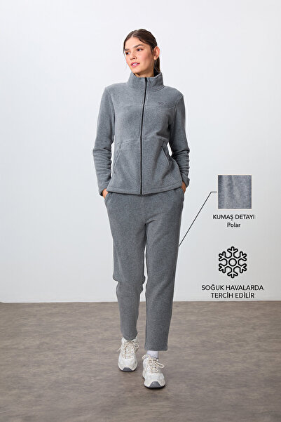 TOMMY LIFE Gray Melange Embroidered Oversize Fleece Women's Tracksuit Set - Thick Soft Textured, Stand Collar -95339