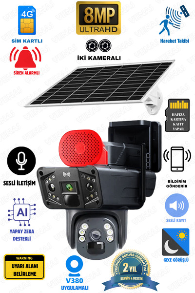 Venas 6 Mp Çift Kameralı Ve Sensörlü Güneş Panelli Sim Kart İle Çalışan Kablosuz İp Wifi Güvenlik Kamerası