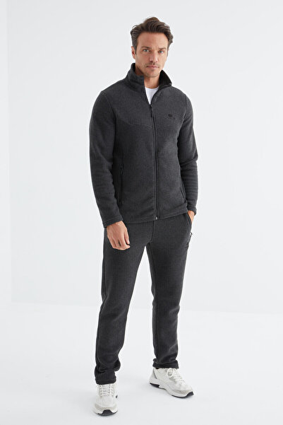 TOMMY LIFE Ανδρικό σετ αθλητικής φόρμας από φλις Anthracite Melange με όρθιο γιακά, βασικό φερμουάρ, τσέπες και κανονική εφαρμογή - 85193