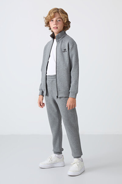 TOMMY LIFE Gray Melange Cotton Thick Fleece Lined Standard Fit Embroidered Boys' Tracksuit Set - 11256
