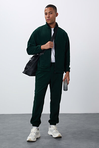 TOMMY LIFE Pine Green Thick Soft Textured Comfort Fit Embroidered Men's Tracksuit Suit - 85269