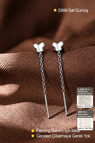 Shylyn 999 Ayar Gümüş Kelebek Zincirli Minimal Küpe