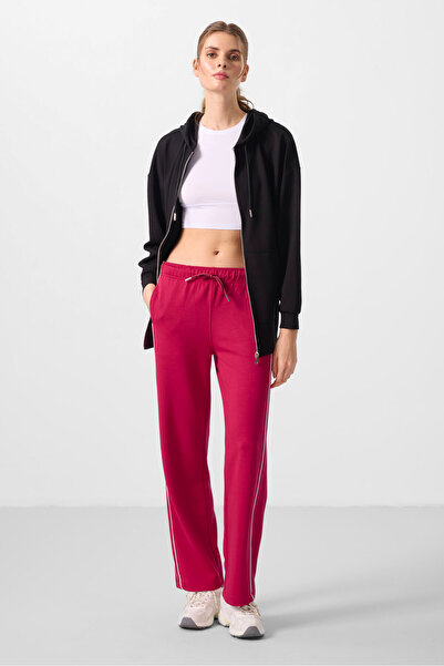 TOMMY LIFE Viva Red Soft Textured Side Panel Detailed Wide Leg Women's Palazzo Trousers - 94669