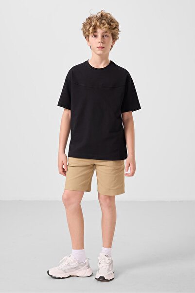 TOMMY LIFE Black-Dark Beige Cotton Oversize Fit Woven Lightweight Stretchy Chino Boy Shorts Suit - 11279
