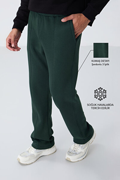 TOMMY LIFE Pine Green Cotton Thick Furry Soft Textured Oversize Embroidered Men's Sweatpants -82146